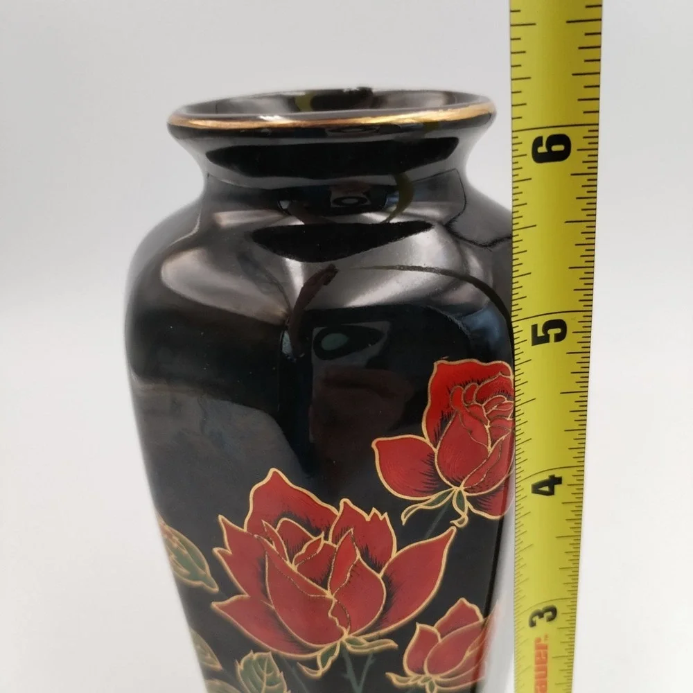 VTG Otagiri Japan Crimson Rose Black Porcelain Vase Octagon Gold‎ Trim 6